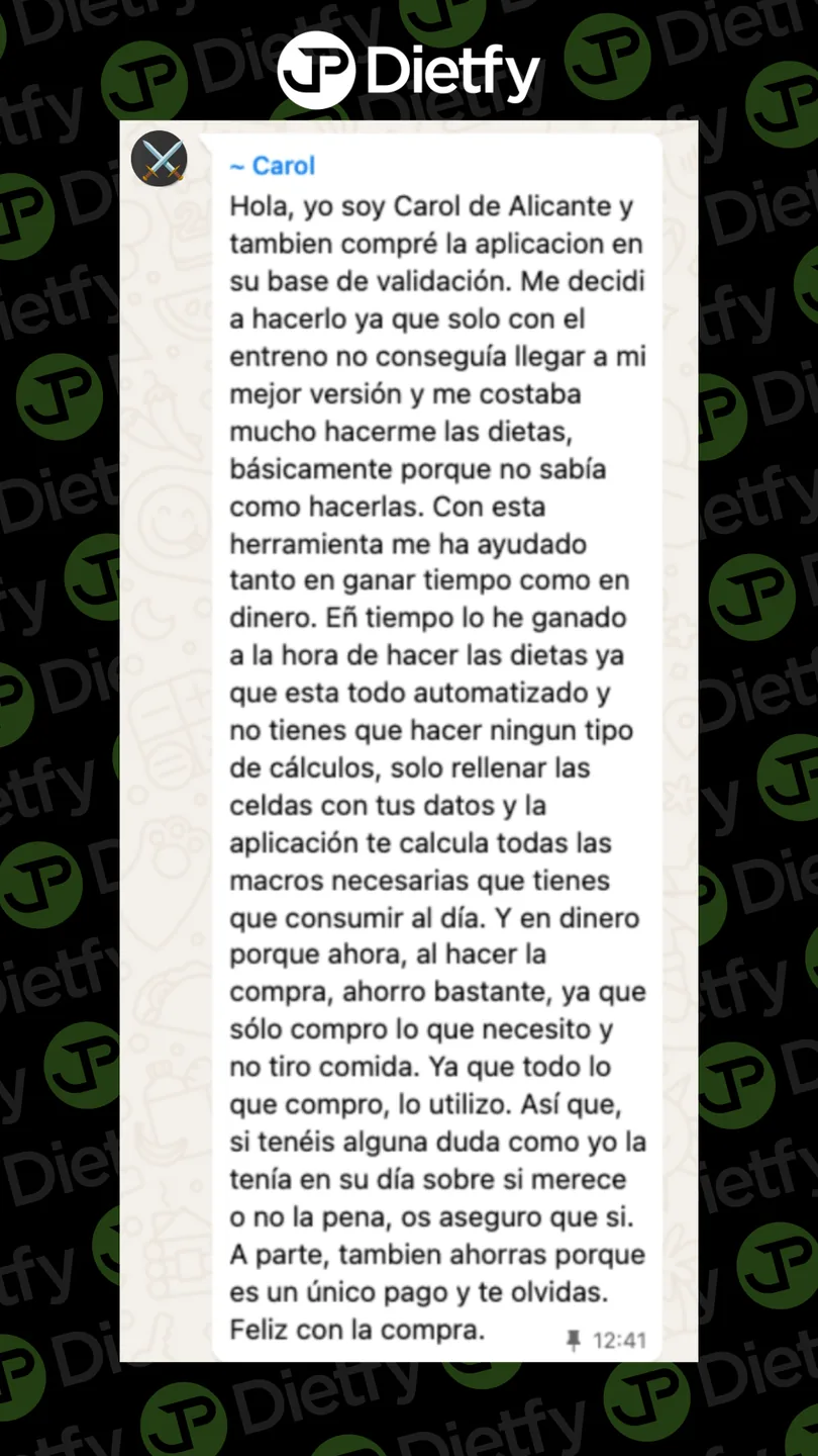 Mensaje de una persona que usa Dietfy (captura 3 de 4)