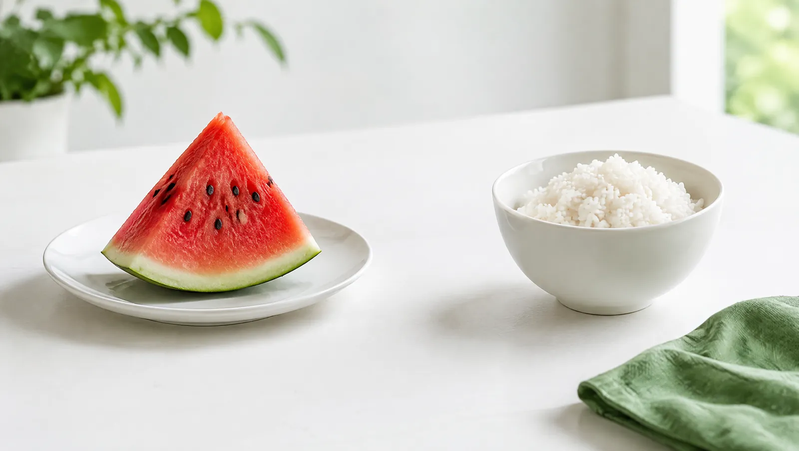 Una tajada de sandía y un bol de arroz blanco, uno al lado del otro sobre una mesa blanca