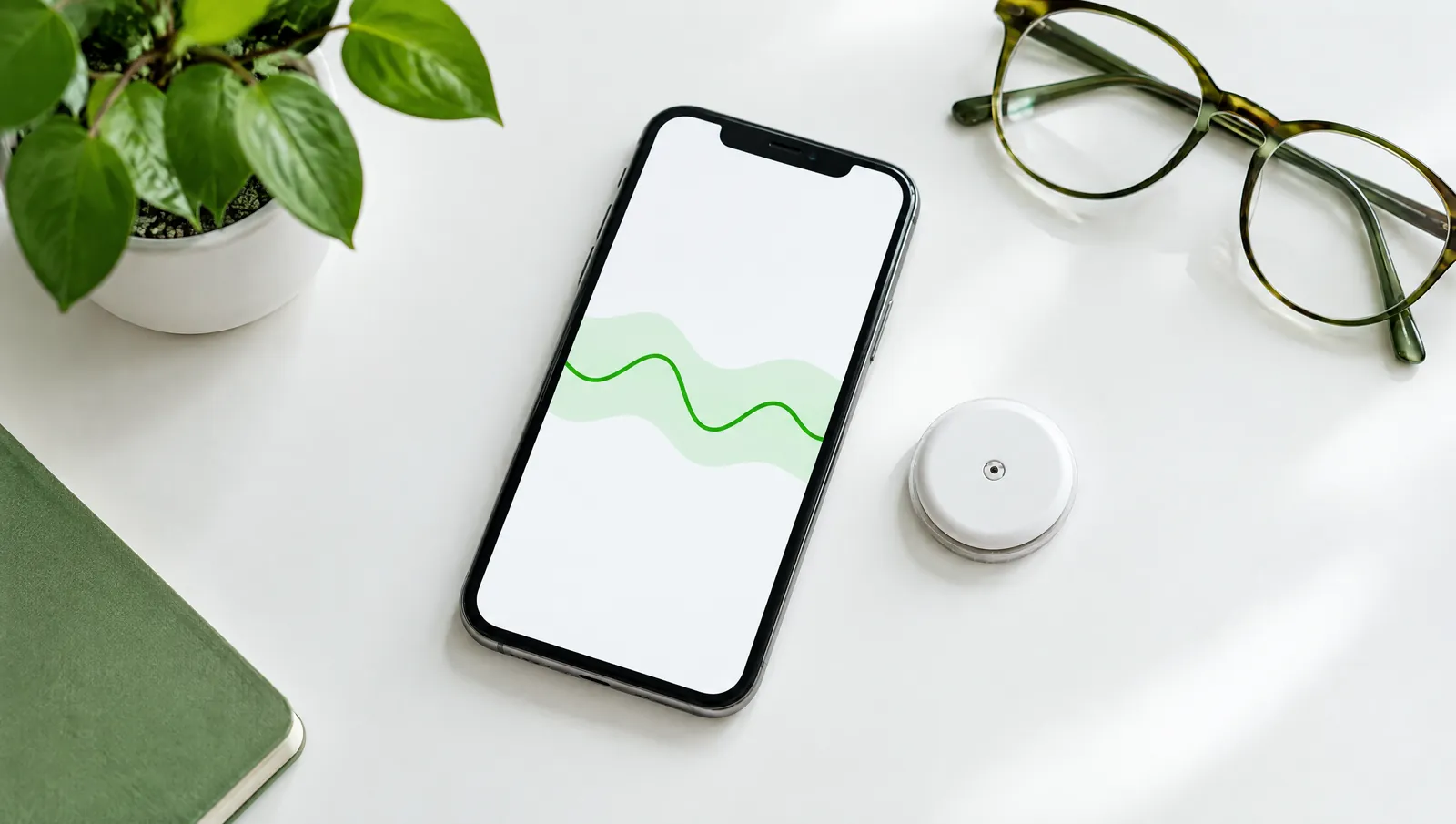 Móvil sobre una mesa blanca con una gráfica de glucosa estable dentro de una franja verde, junto a un sensor