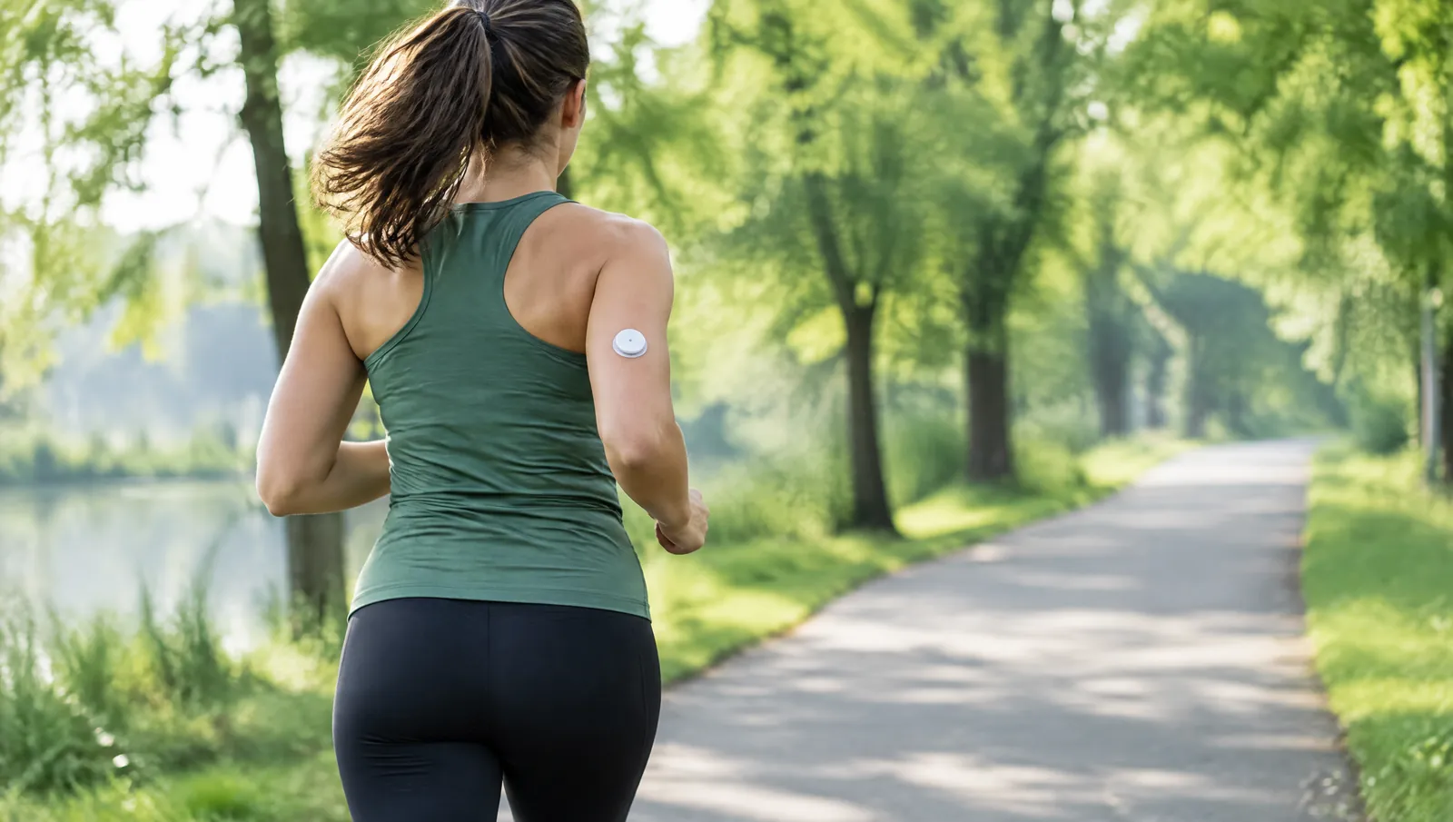 Mujer corriendo por un camino de un parque con un sensor de glucosa en la parte de atrás del brazo
