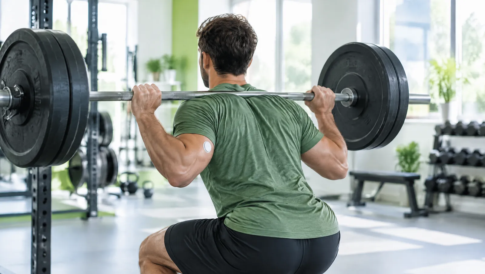 Hombre de espaldas haciendo una sentadilla con barra en un gimnasio luminoso, con un sensor de glucosa en el brazo