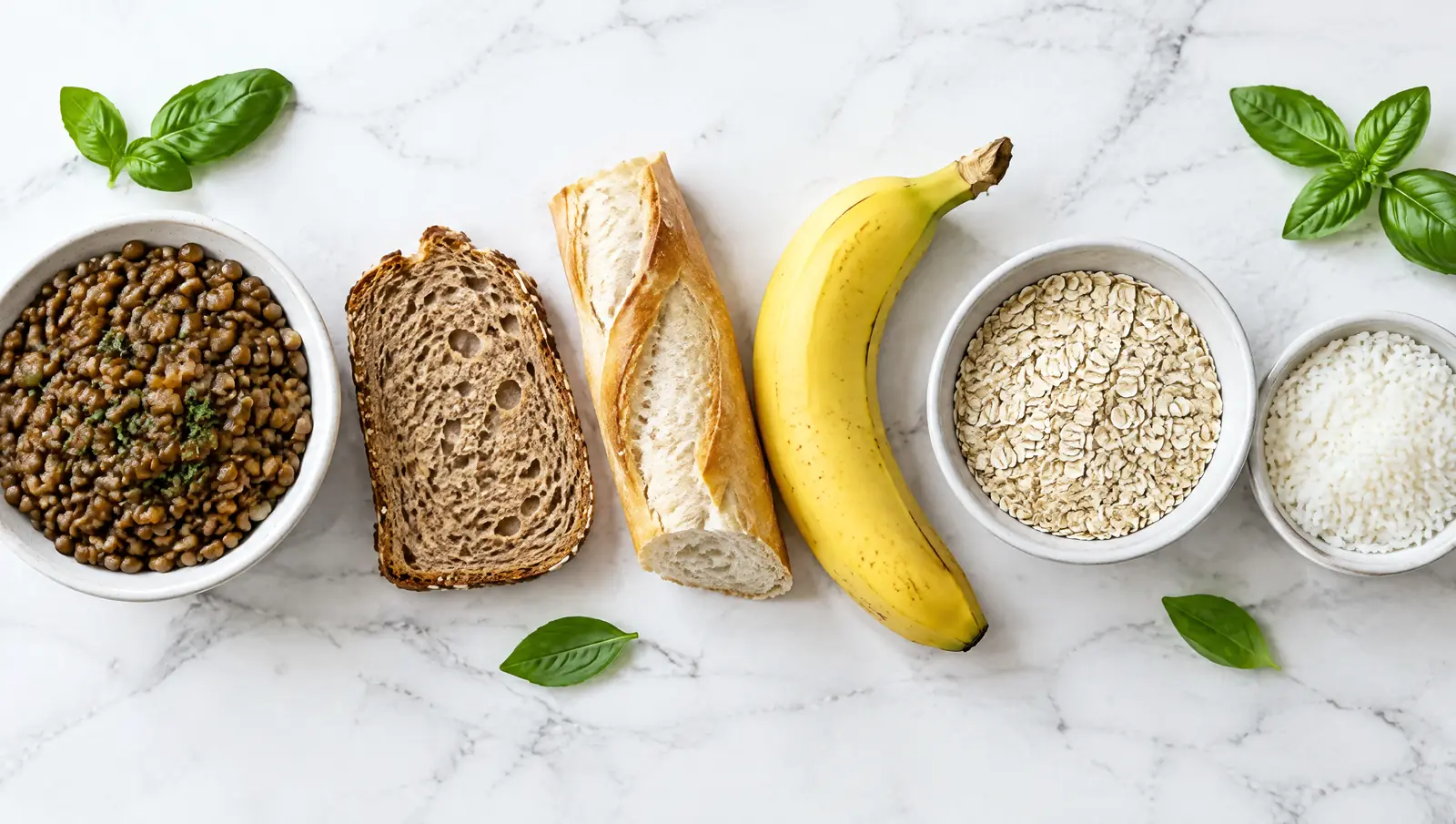 Alimentos con hidratos vistos desde arriba: lentejas, pan integral, pan blanco, plátano, avena y arroz
