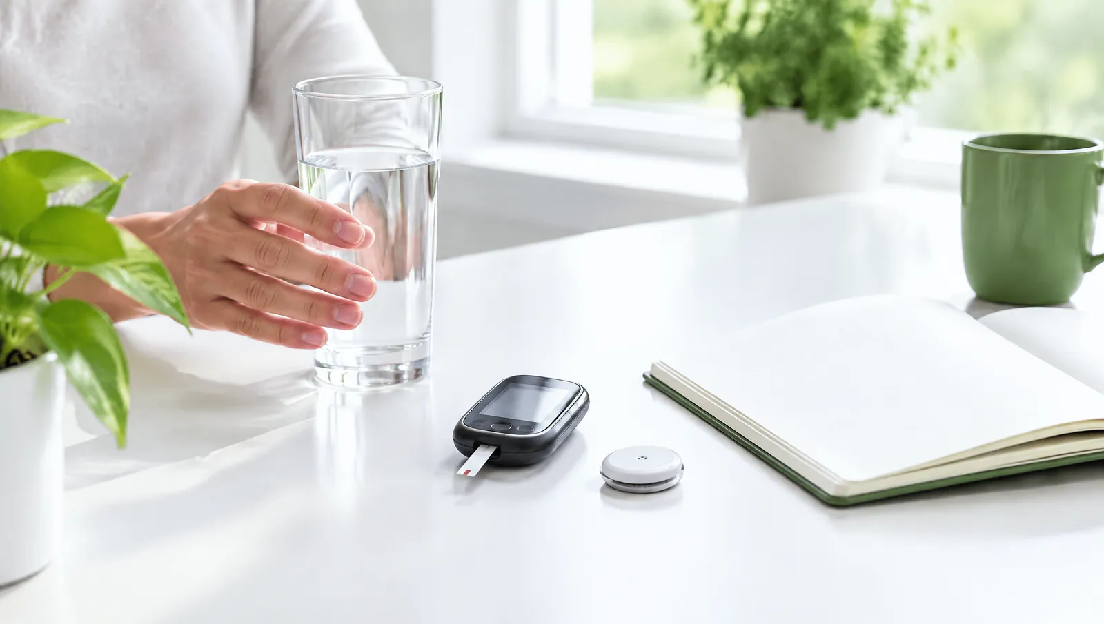 Mano cogiendo un vaso de agua junto a un medidor de glucosa, un sensor y una libreta abierta