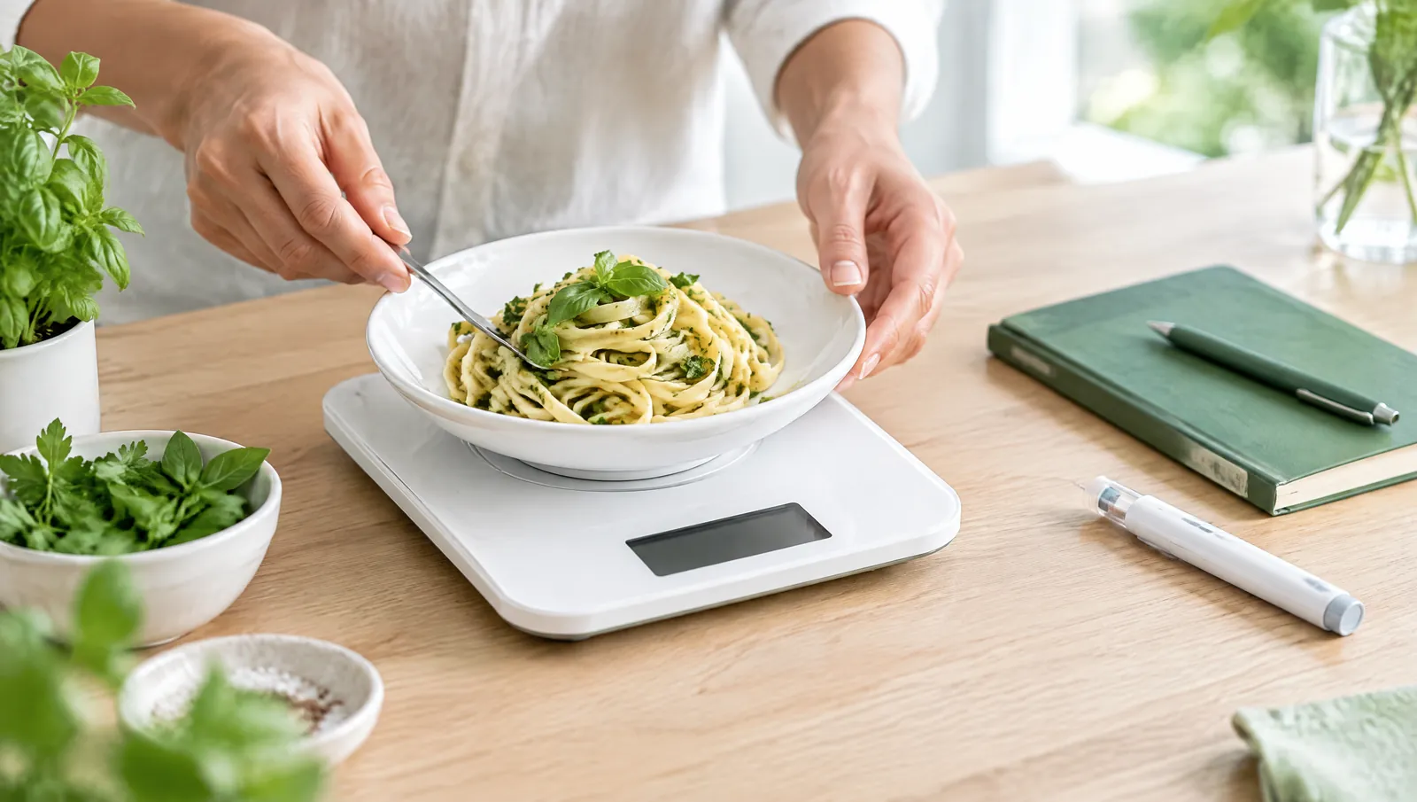 Manos pesando un plato de pasta en una báscula de cocina, junto a una libreta y un boli de insulina