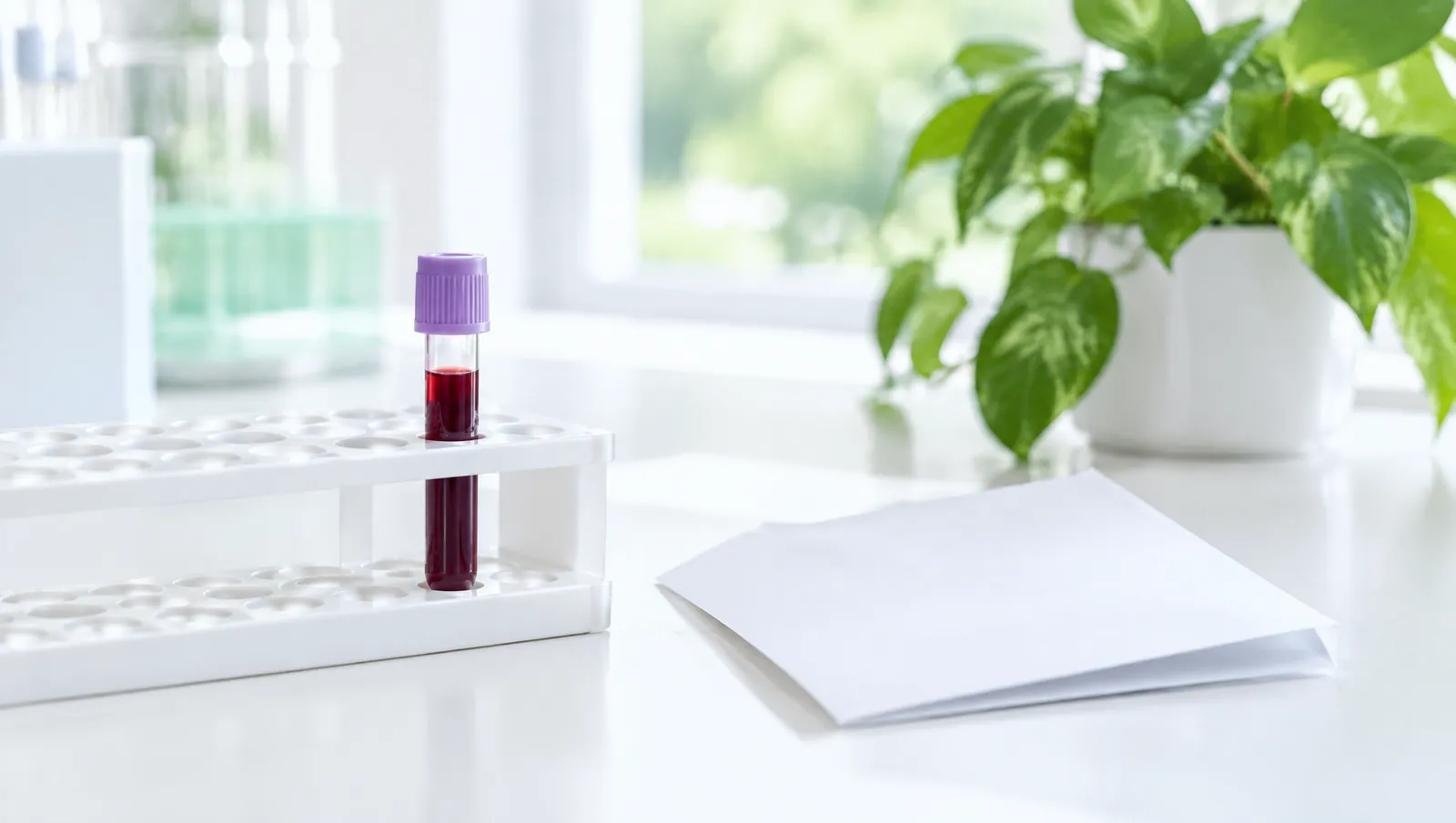 Tubo de análisis de sangre con tapón morado en una gradilla blanca, sobre la encimera de un laboratorio luminoso